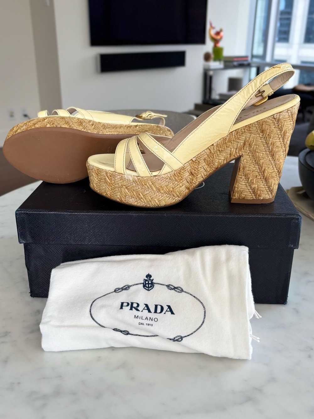 PRADA Patent Leather Woven Platform Slingback Heels NWOT